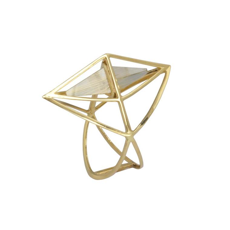 Kattri Tetrahedron yellow gold and rutilated quartz ring (£899; available at kattri.com).